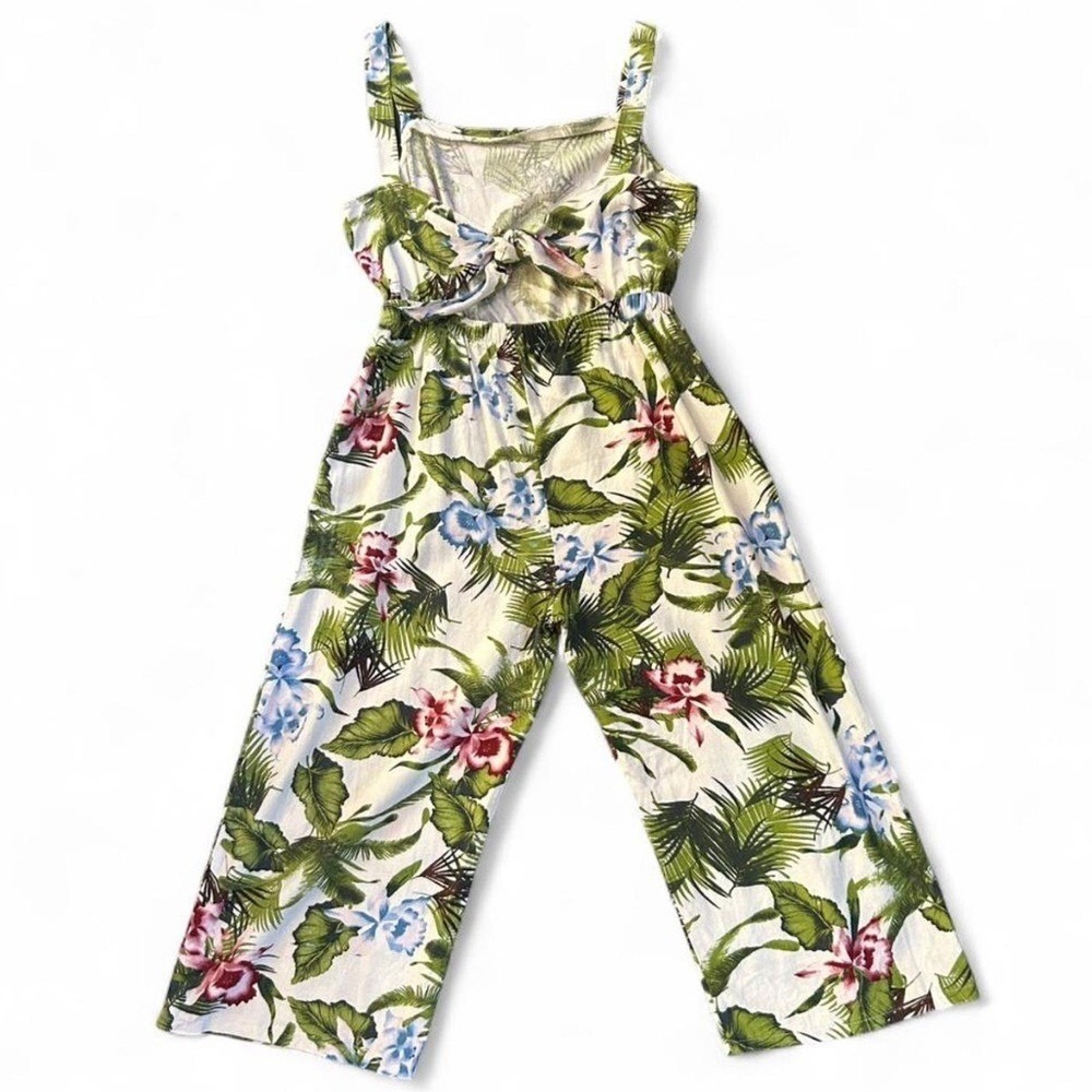 One Clothing Tropical Linen Blend Cropped Wide Leg Jumpsuit M Summer Vacation - Picture 2 of 10